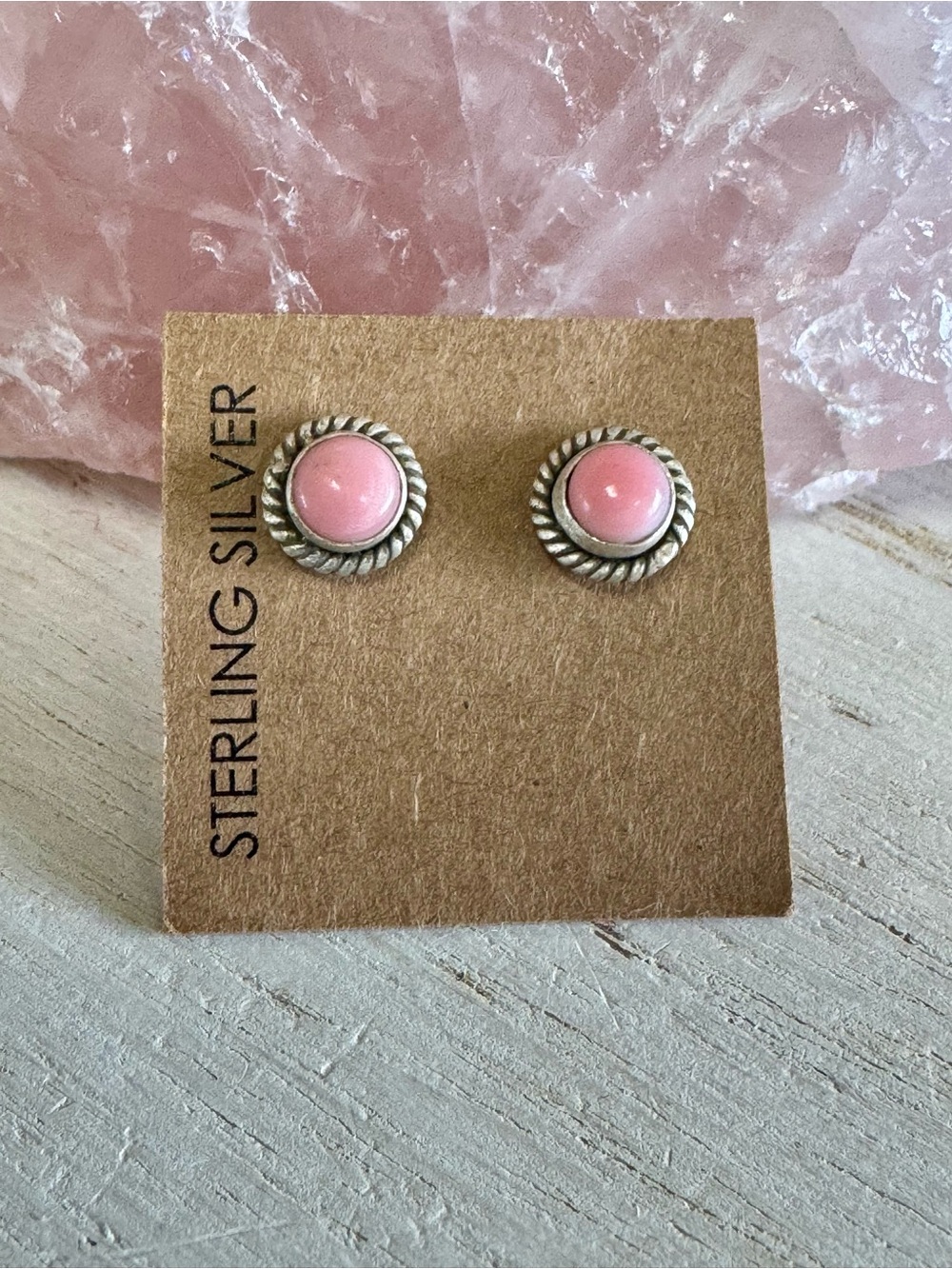 Sterling Silver Pink Conch Shell Stud Earrings - Classic Rope Frame